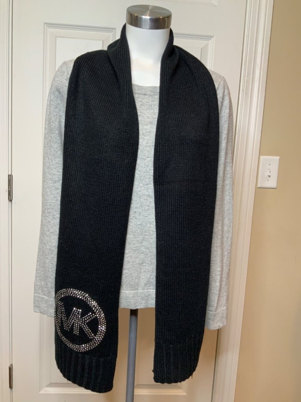 Michael Kors Black Knit Jewel Studded Logo Scarf NWT $48